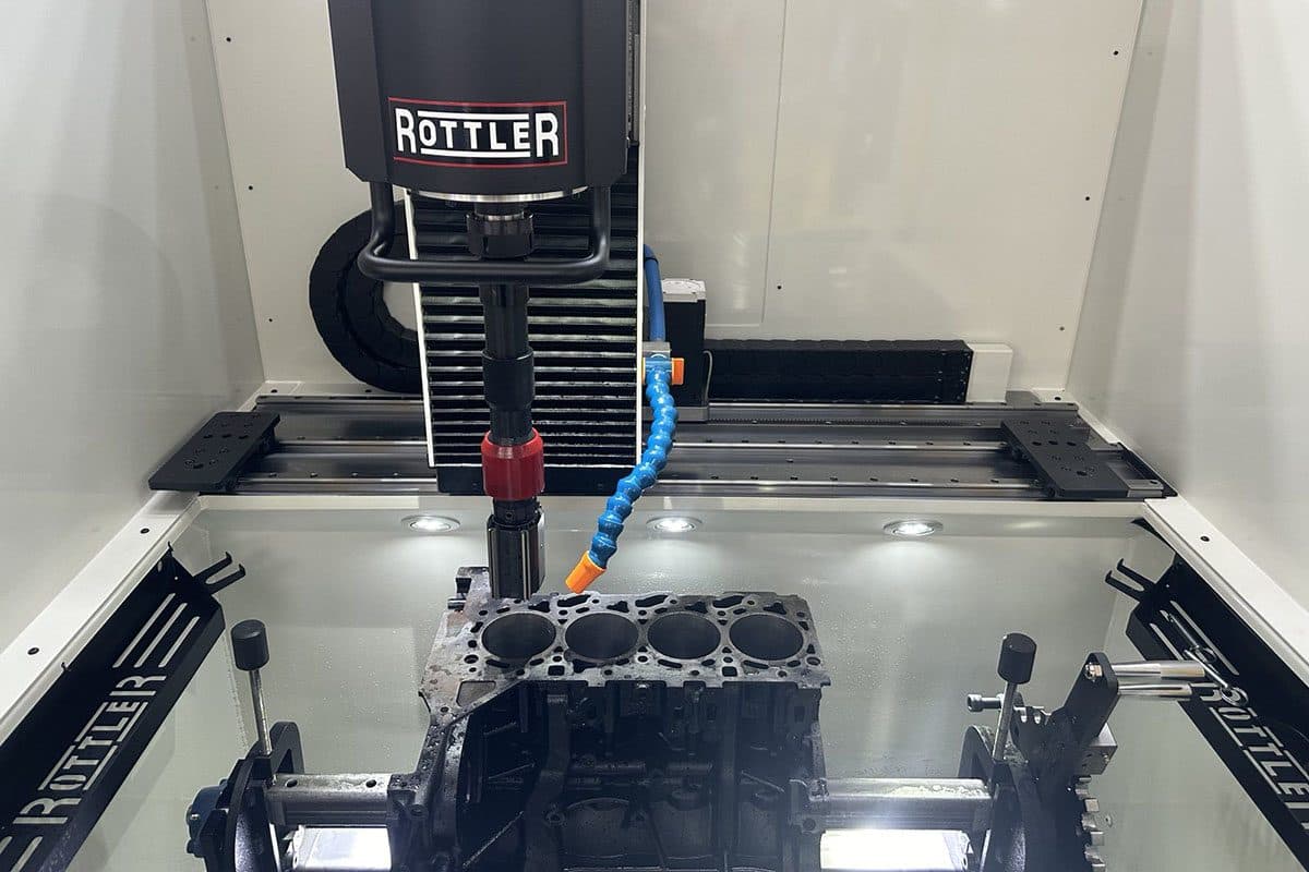 Engine block being bored on a Rottler CNC machine