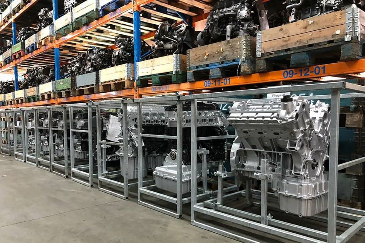 Warehouse shelves with engines